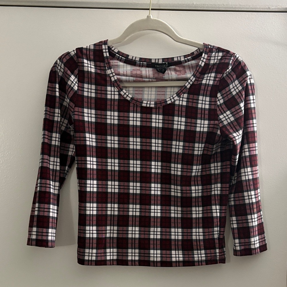 Forever 21 Burgundy and White Plaid Long Sleeve Tee